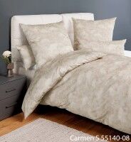 Janine Interlock-Jersey Bettwäsche CARMEN S 55140 Greige mit grafischem Federdessin auf beige-sandfarbenem Grund