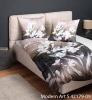 Janine Mako-Satin Bettwäsche Modern Art S 42179 braun/beige, florales Digitaldruckdessin mit weißen Blüten auf dunkelbraunem Hintergrund