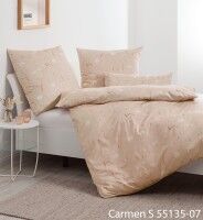 Janine Interlock-Jersey Bettwäsche CARMEN S 55135 in Taupe mit floralem Pusteblumen- und Grashalm-Dessin in Weiß und Rostbraun