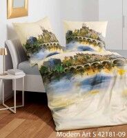 Janine Mako-Satin Bettwäsche modern art S 42181 multicolor, gelb-mehrfarbig, mit großflächigem Aquarell-Stadtpanorama-Motiv auf cremefarbenem Grund