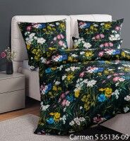 Janine Interlock-Jersey Bettwäsche CARMEN S 55136 in Schwarz Bunt mit buntem Wildblumen-Dessin auf schwarzem Grund